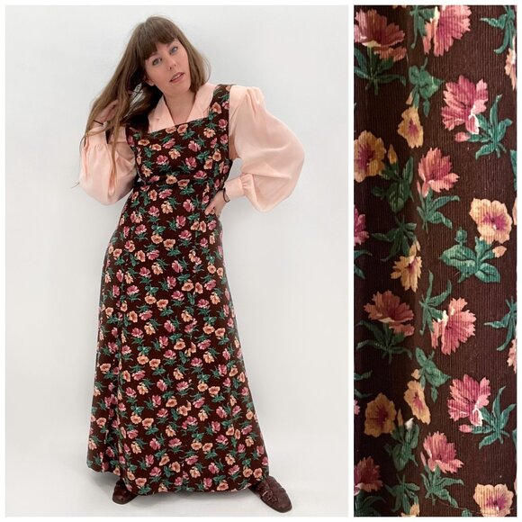 Vintage Cottagecore Brown Floral Corduroy Sleeveless Midi Dress | Large - Picture 2 of 11